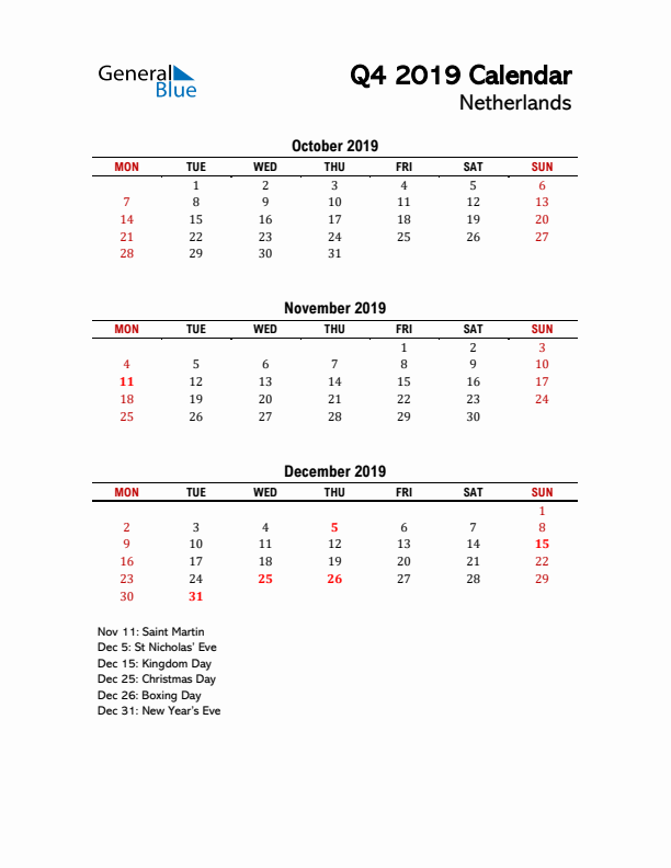 2019 Q4 Calendar with Holidays List for The Netherlands