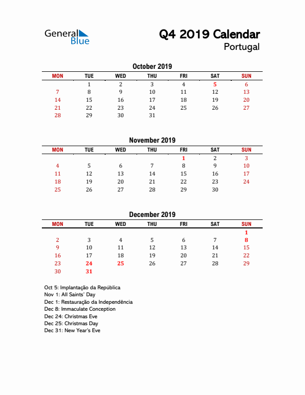 2019 Q4 Calendar with Holidays List for Portugal