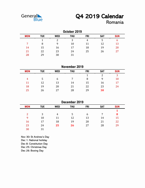 2019 Q4 Calendar with Holidays List for Romania