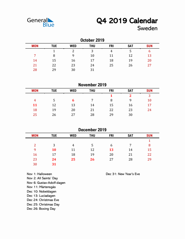 2019 Q4 Calendar with Holidays List for Sweden