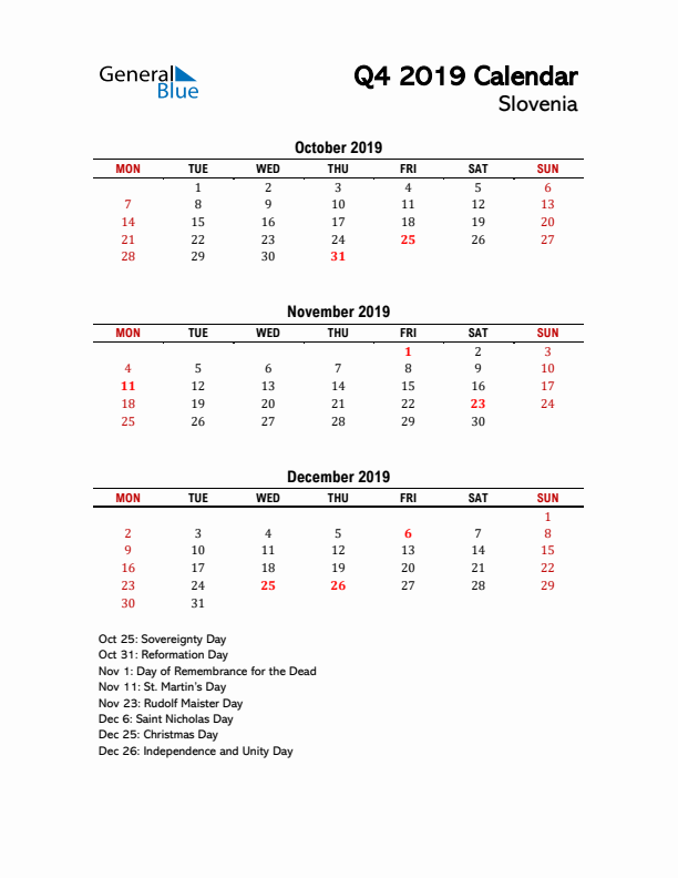 2019 Q4 Calendar with Holidays List for Slovenia