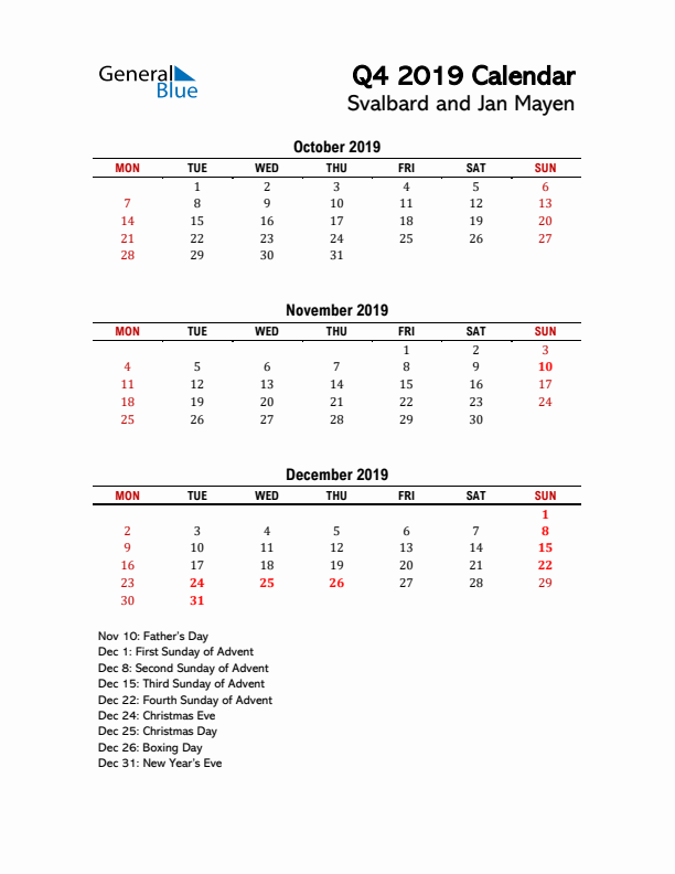 2019 Q4 Calendar with Holidays List for Svalbard and Jan Mayen