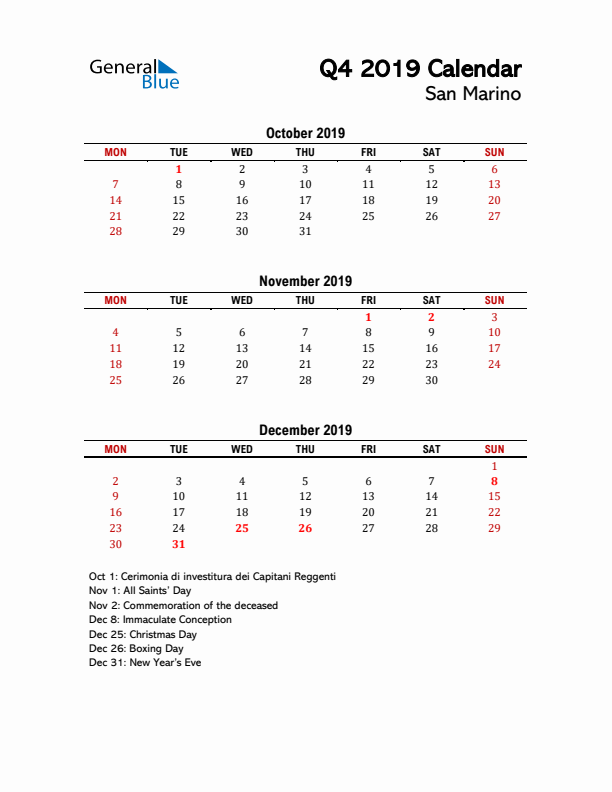 2019 Q4 Calendar with Holidays List for San Marino