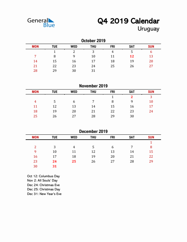 2019 Q4 Calendar with Holidays List for Uruguay