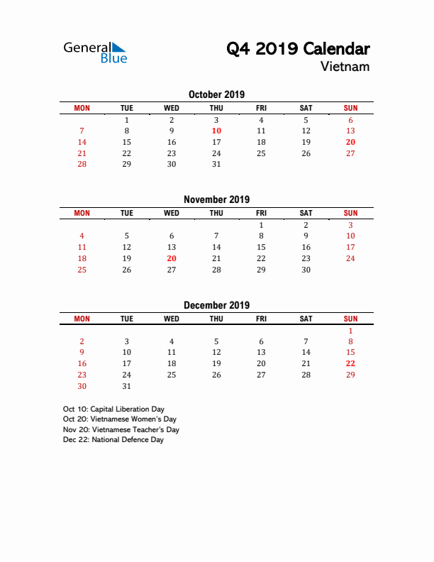 2019 Q4 Calendar with Holidays List for Vietnam