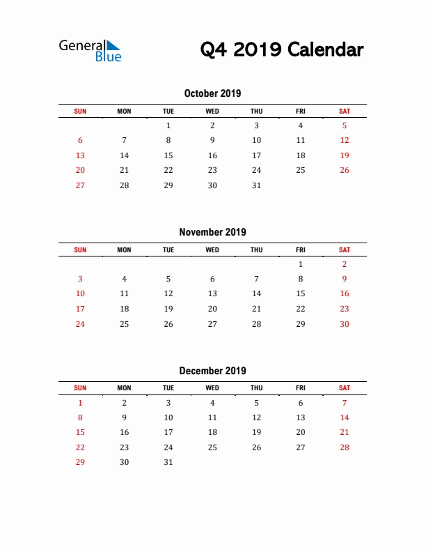 2019 Q4 Calendar with Red Weekend