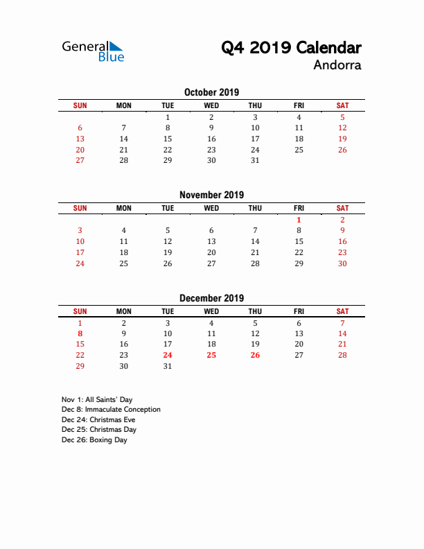 2019 Q4 Calendar with Holidays List for Andorra