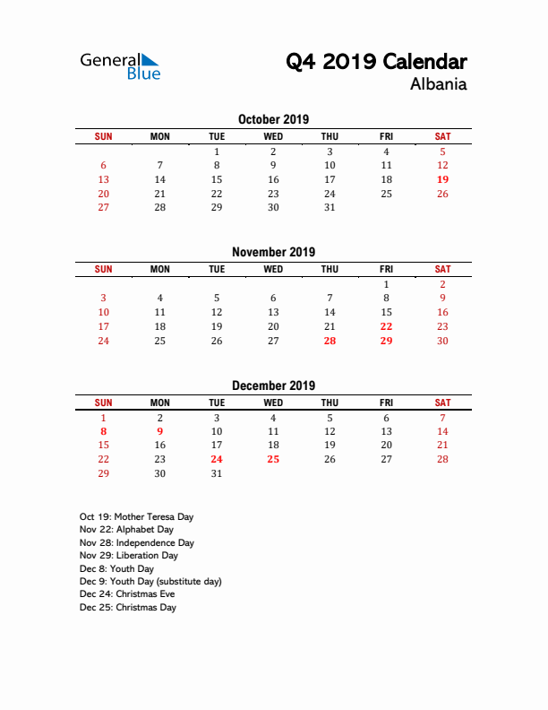 2019 Q4 Calendar with Holidays List for Albania