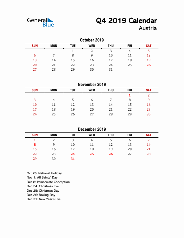 2019 Q4 Calendar with Holidays List for Austria