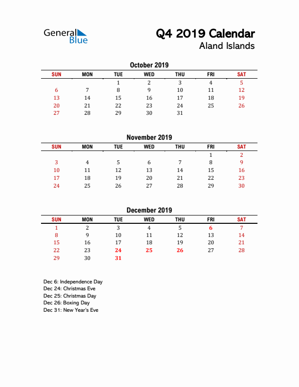 2019 Q4 Calendar with Holidays List for Aland Islands