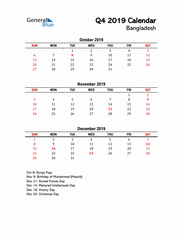 2019 Q4 Calendar with Holidays List for Bangladesh