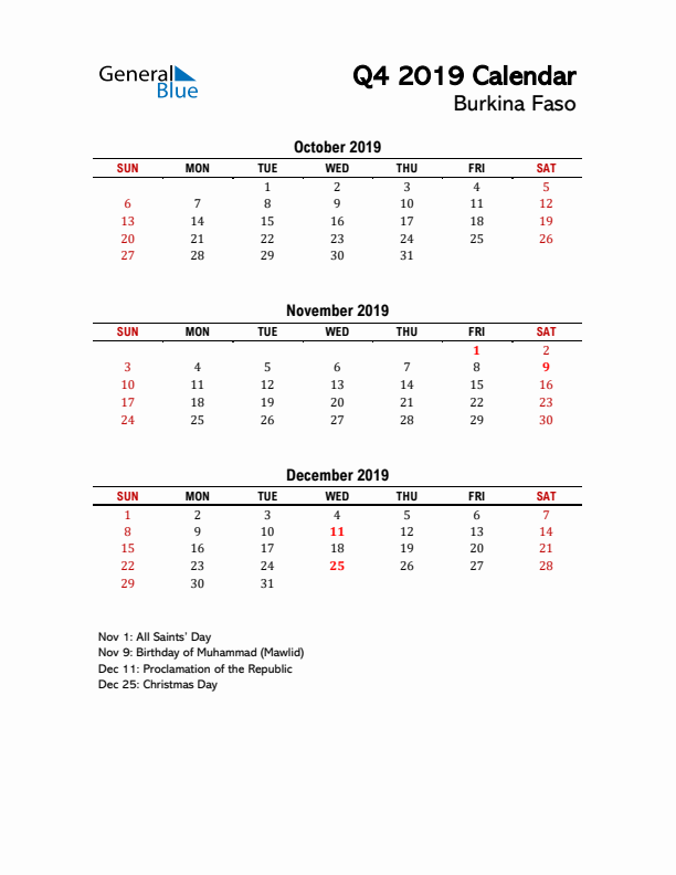 2019 Q4 Calendar with Holidays List for Burkina Faso