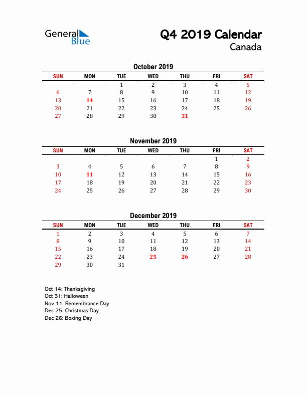 2019 Q4 Calendar with Holidays List for Canada