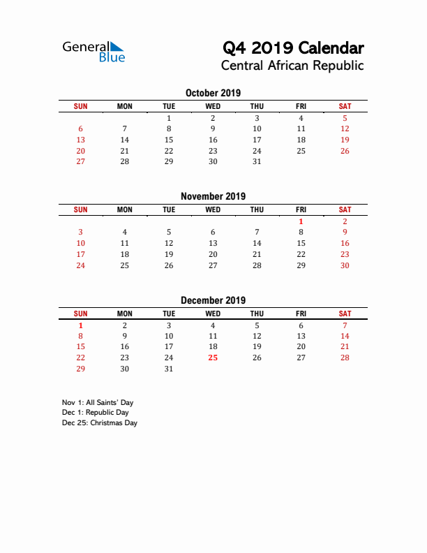 2019 Q4 Calendar with Holidays List for Central African Republic