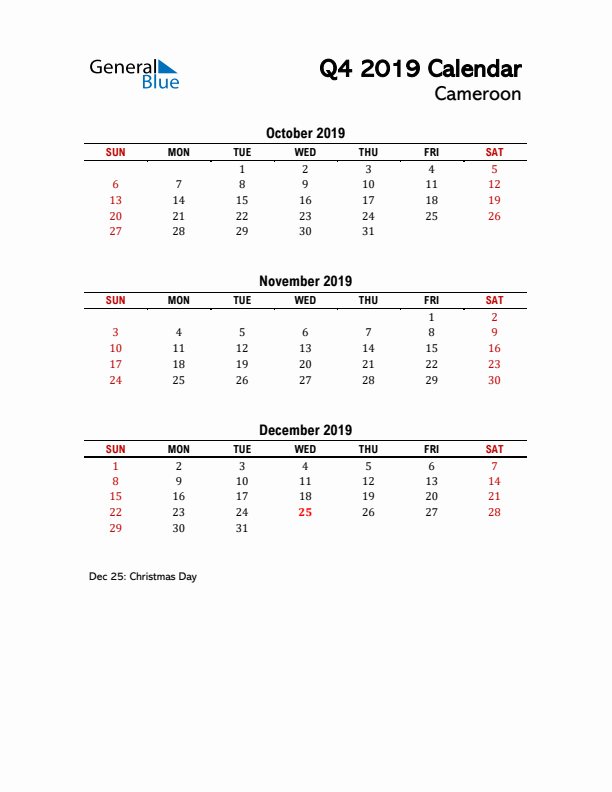 2019 Q4 Calendar with Holidays List for Cameroon