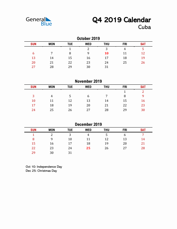 2019 Q4 Calendar with Holidays List for Cuba