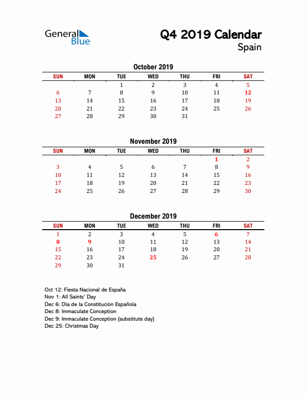 2019 Q4 Calendar with Holidays List for Spain