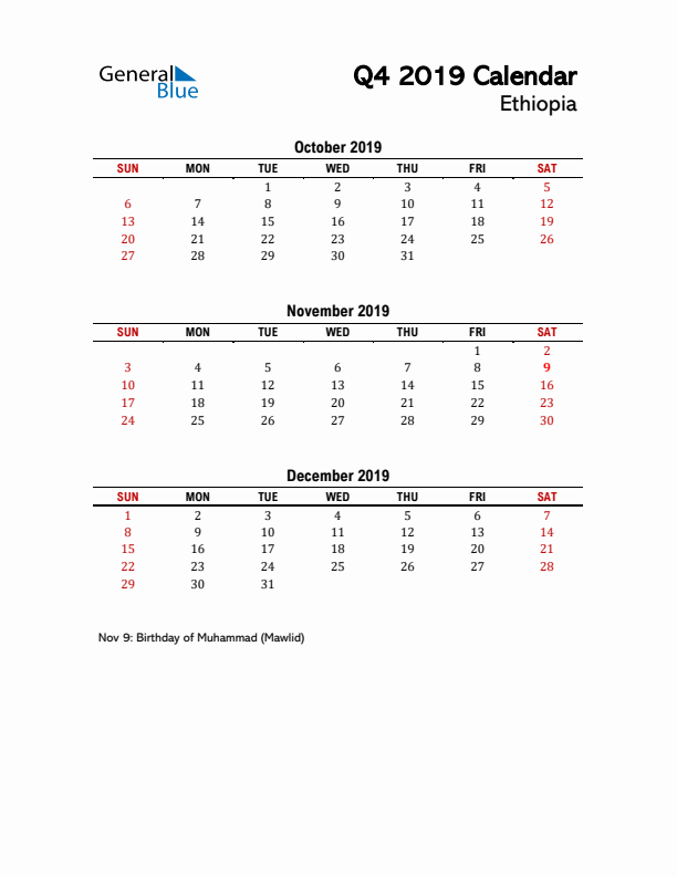 2019 Q4 Calendar with Holidays List for Ethiopia