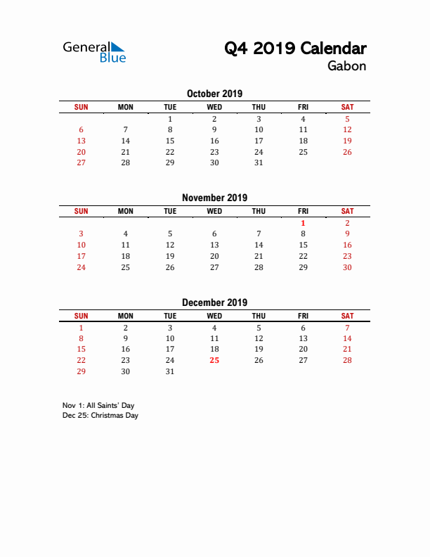 2019 Q4 Calendar with Holidays List for Gabon