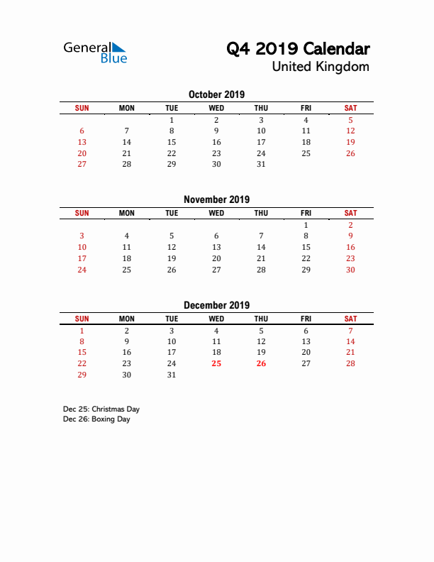 2019 Q4 Calendar with Holidays List for United Kingdom