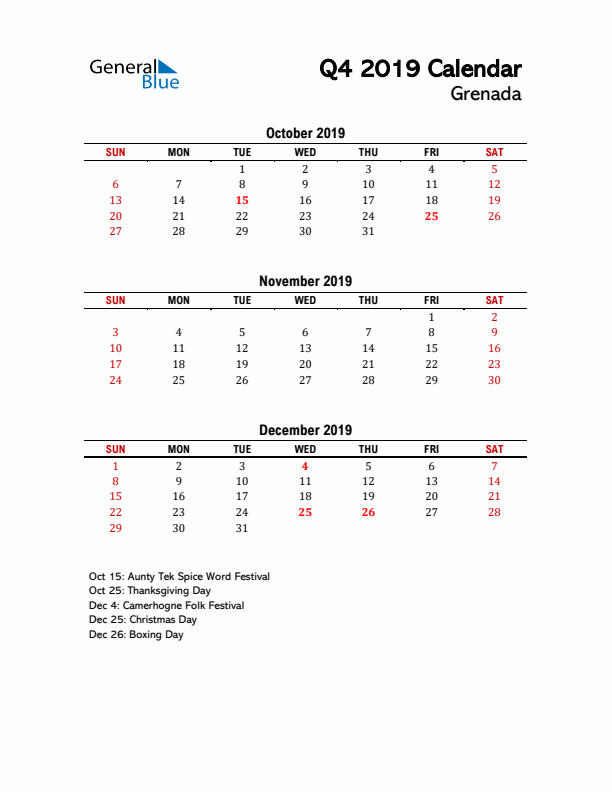 2019 Q4 Calendar with Holidays List for Grenada