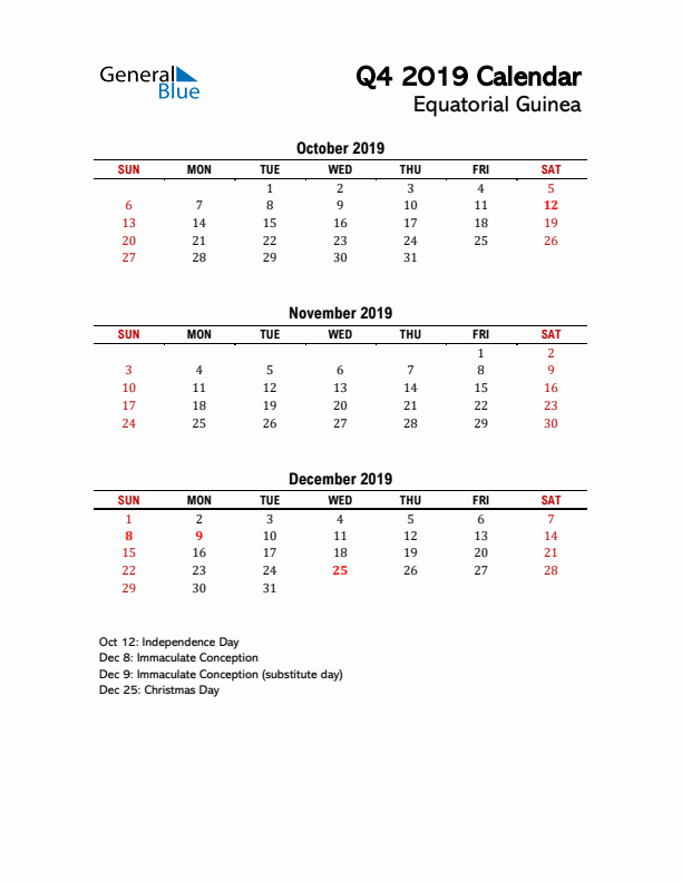 2019 Q4 Calendar with Holidays List for Equatorial Guinea