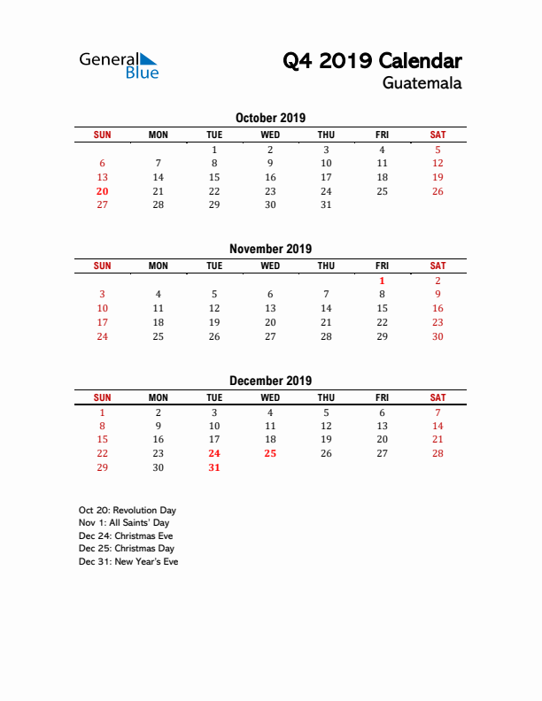 2019 Q4 Calendar with Holidays List for Guatemala