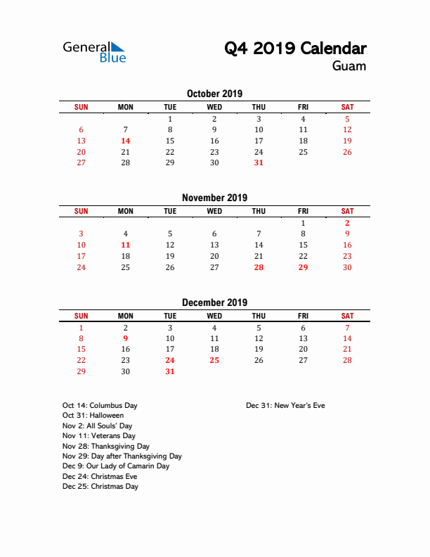 2019 Q4 Calendar with Holidays List for Guam