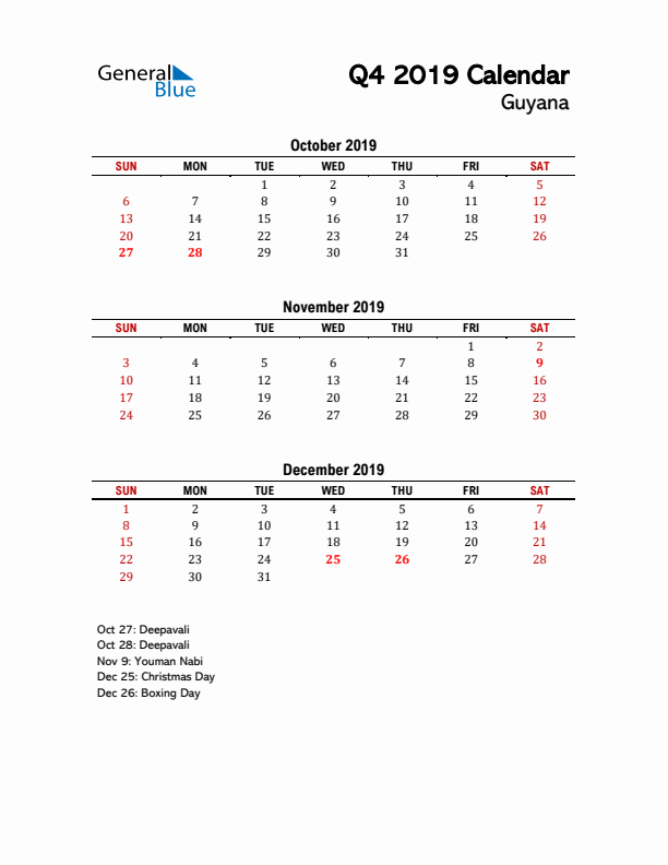 2019 Q4 Calendar with Holidays List for Guyana