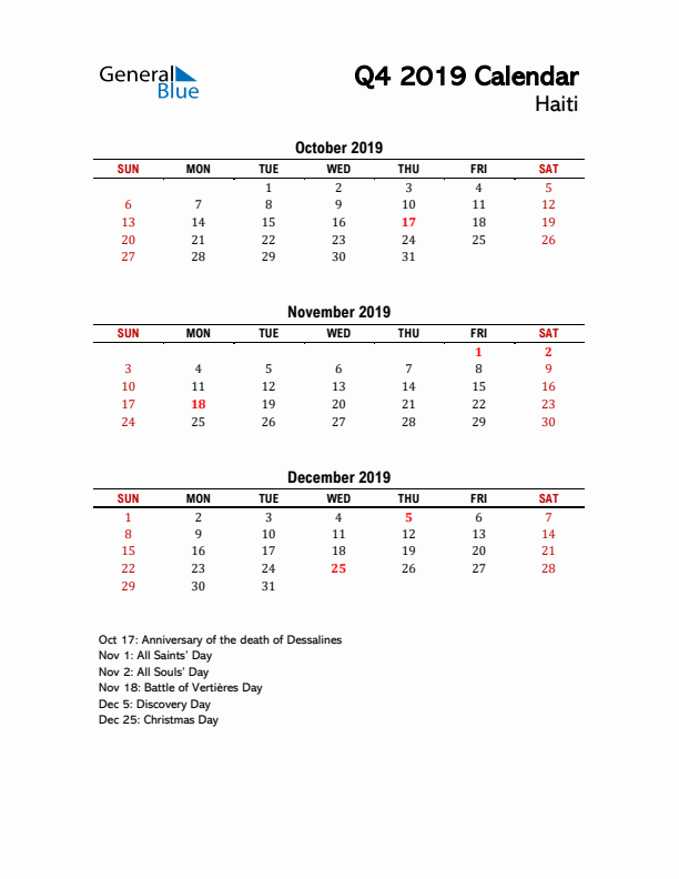 2019 Q4 Calendar with Holidays List for Haiti