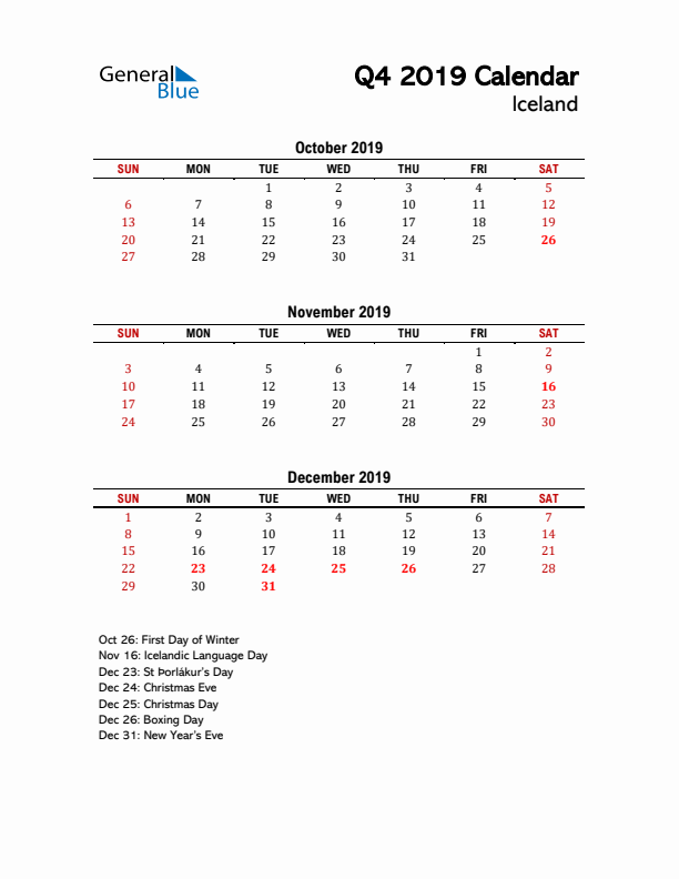 2019 Q4 Calendar with Holidays List for Iceland