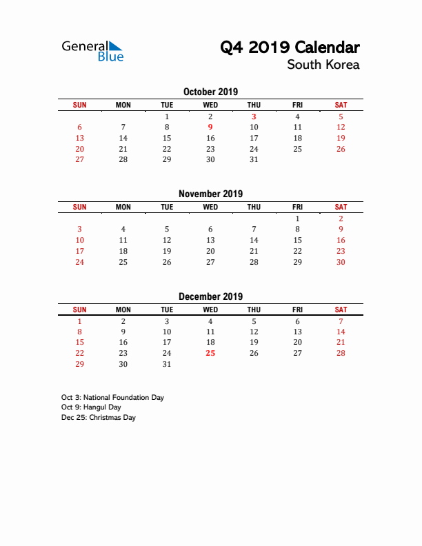 2019 Q4 Calendar with Holidays List for South Korea