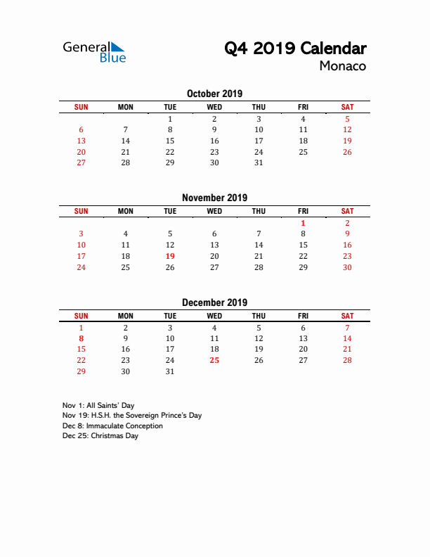 2019 Q4 Calendar with Holidays List for Monaco