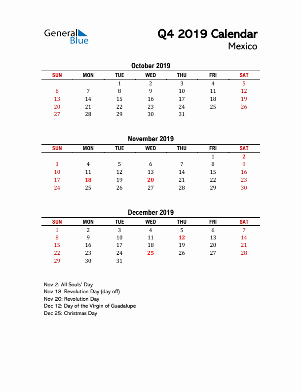 2019 Q4 Calendar with Holidays List for Mexico