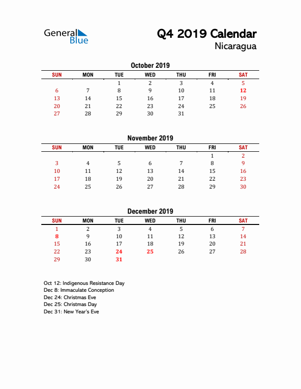 2019 Q4 Calendar with Holidays List for Nicaragua