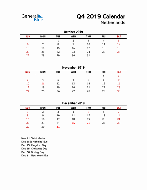 2019 Q4 Calendar with Holidays List for The Netherlands