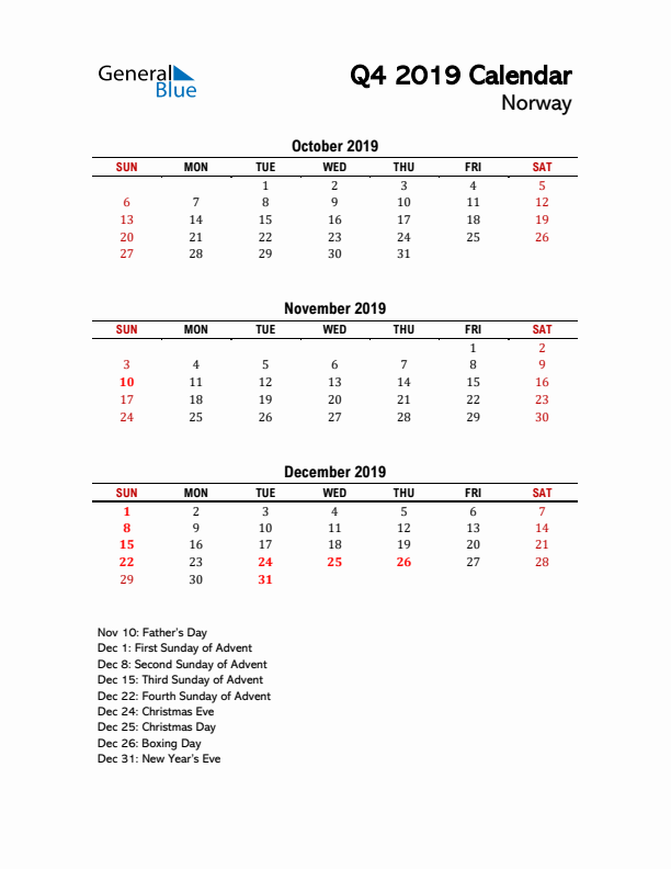 2019 Q4 Calendar with Holidays List for Norway