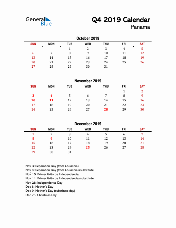 2019 Q4 Calendar with Holidays List for Panama