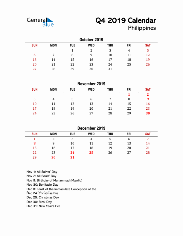 2019 Q4 Calendar with Holidays List for Philippines