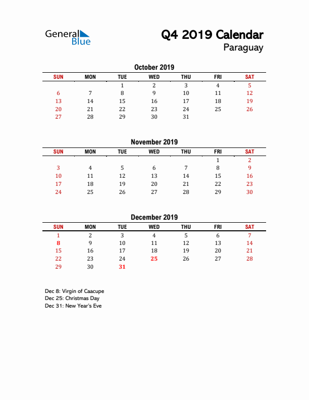 2019 Q4 Calendar with Holidays List for Paraguay