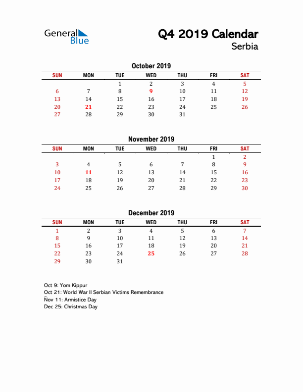 2019 Q4 Calendar with Holidays List for Serbia