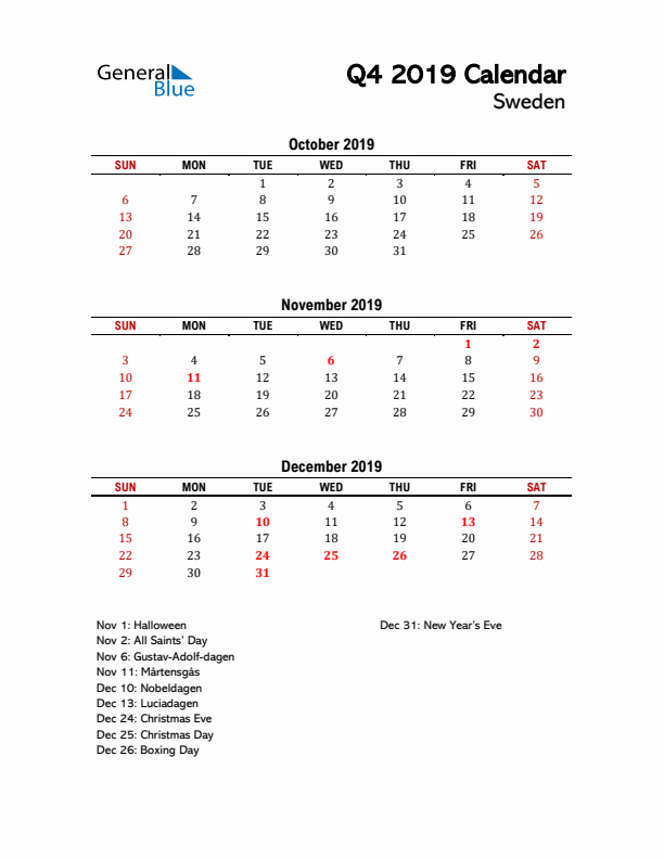 2019 Q4 Calendar with Holidays List for Sweden