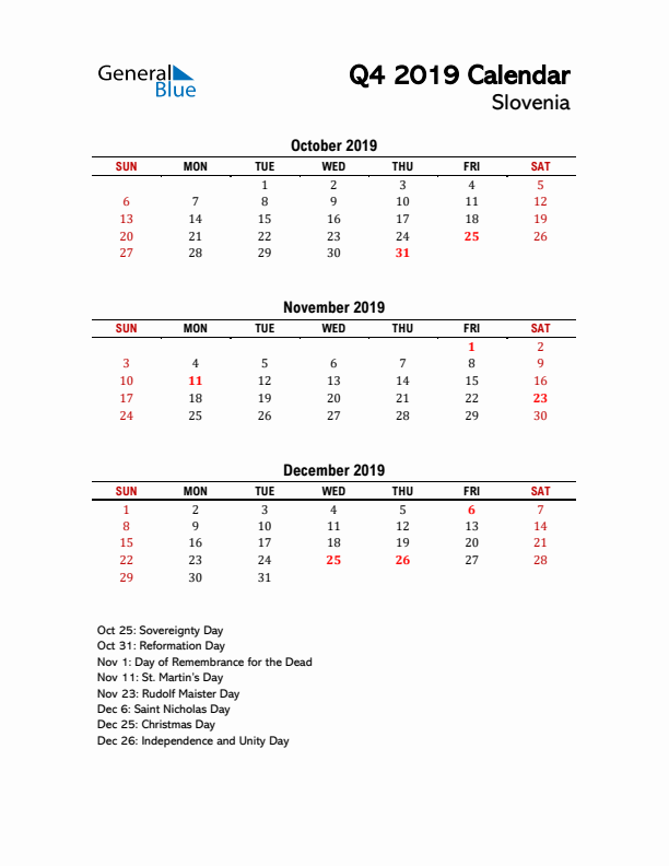 2019 Q4 Calendar with Holidays List for Slovenia