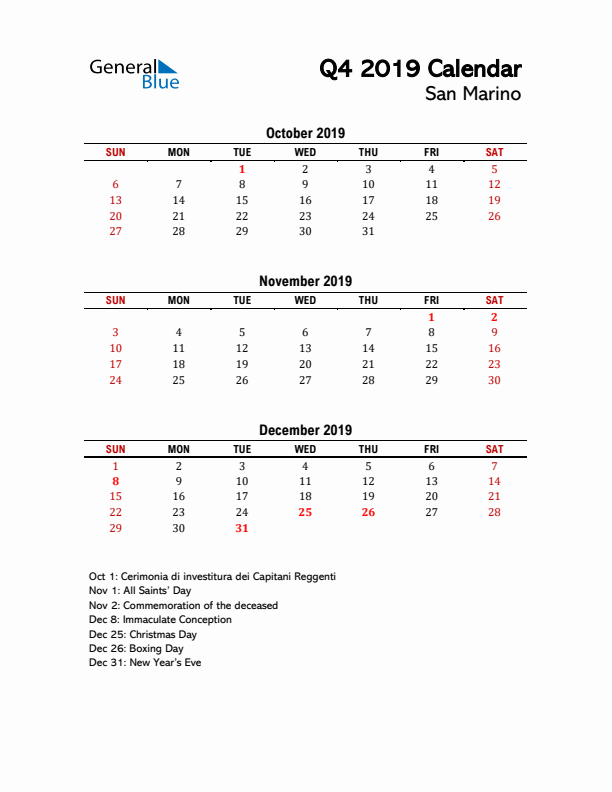 2019 Q4 Calendar with Holidays List for San Marino