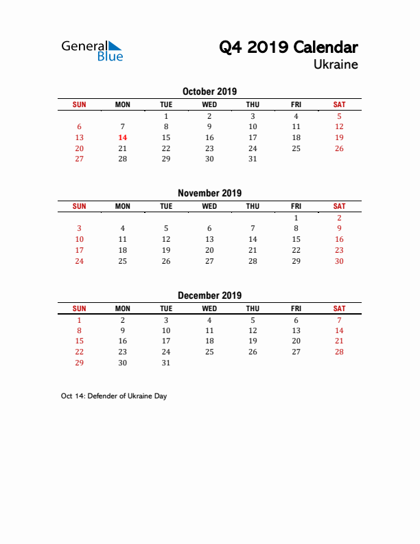 2019 Q4 Calendar with Holidays List for Ukraine