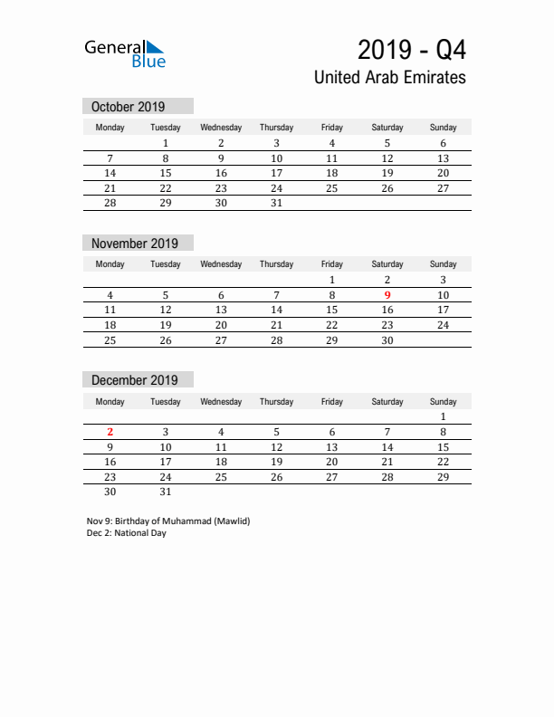 United Arab Emirates Quarter 4 2019 Calendar with Holidays