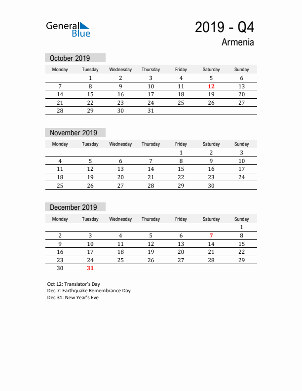 Armenia Quarter 4 2019 Calendar with Holidays