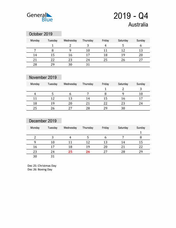 Australia Quarter 4 2019 Calendar with Holidays