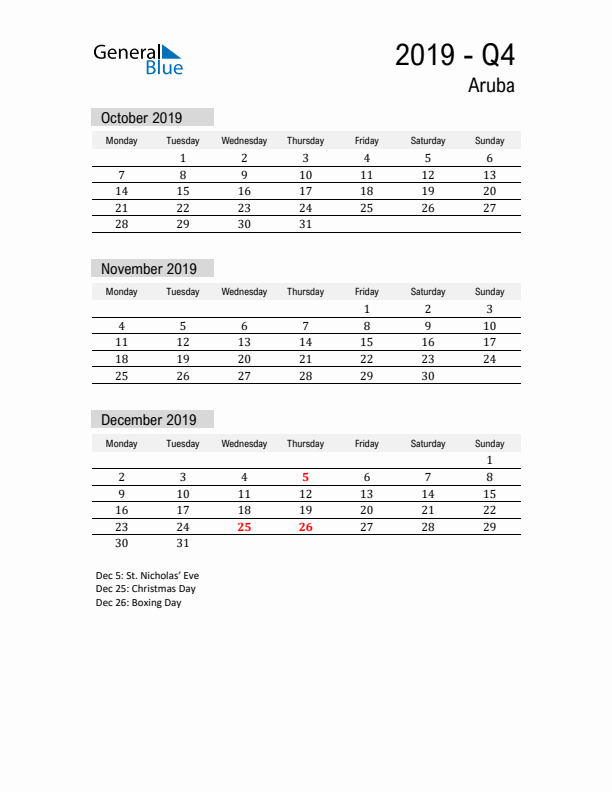 Aruba Quarter 4 2019 Calendar with Holidays