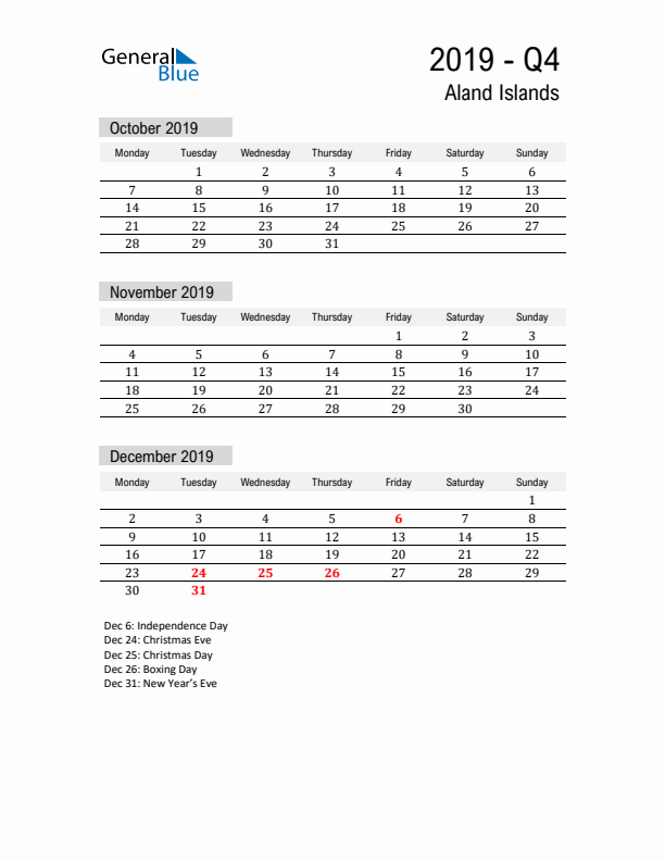 Aland Islands Quarter 4 2019 Calendar with Holidays